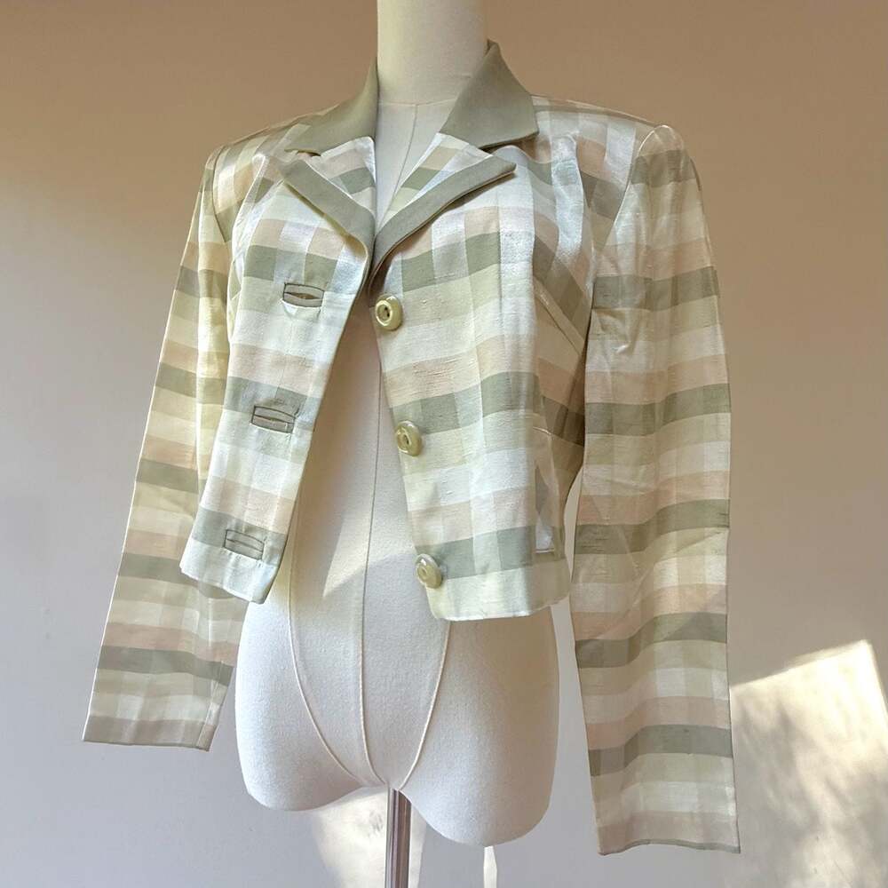 Vintage Pastel Sage  Pink and Tan Plaid Cropped Blazer Jacket